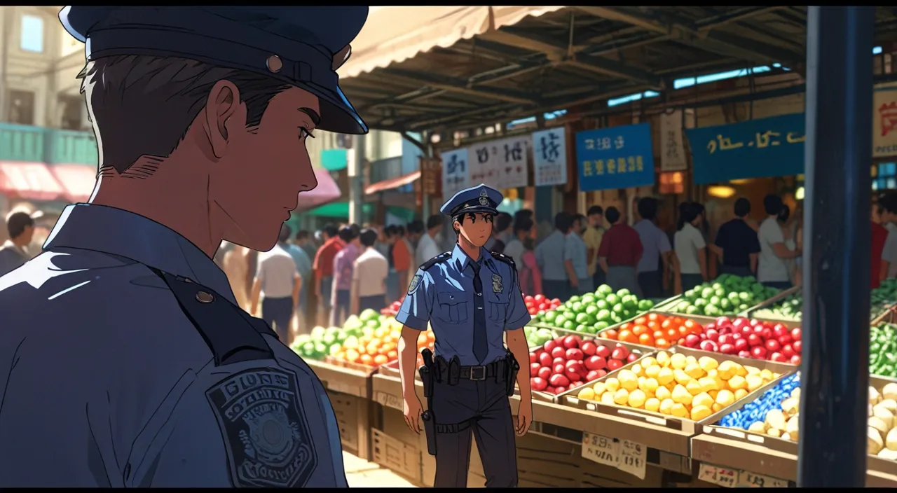 a police officer standing in front of a fruit stand and one man is talking in mobile