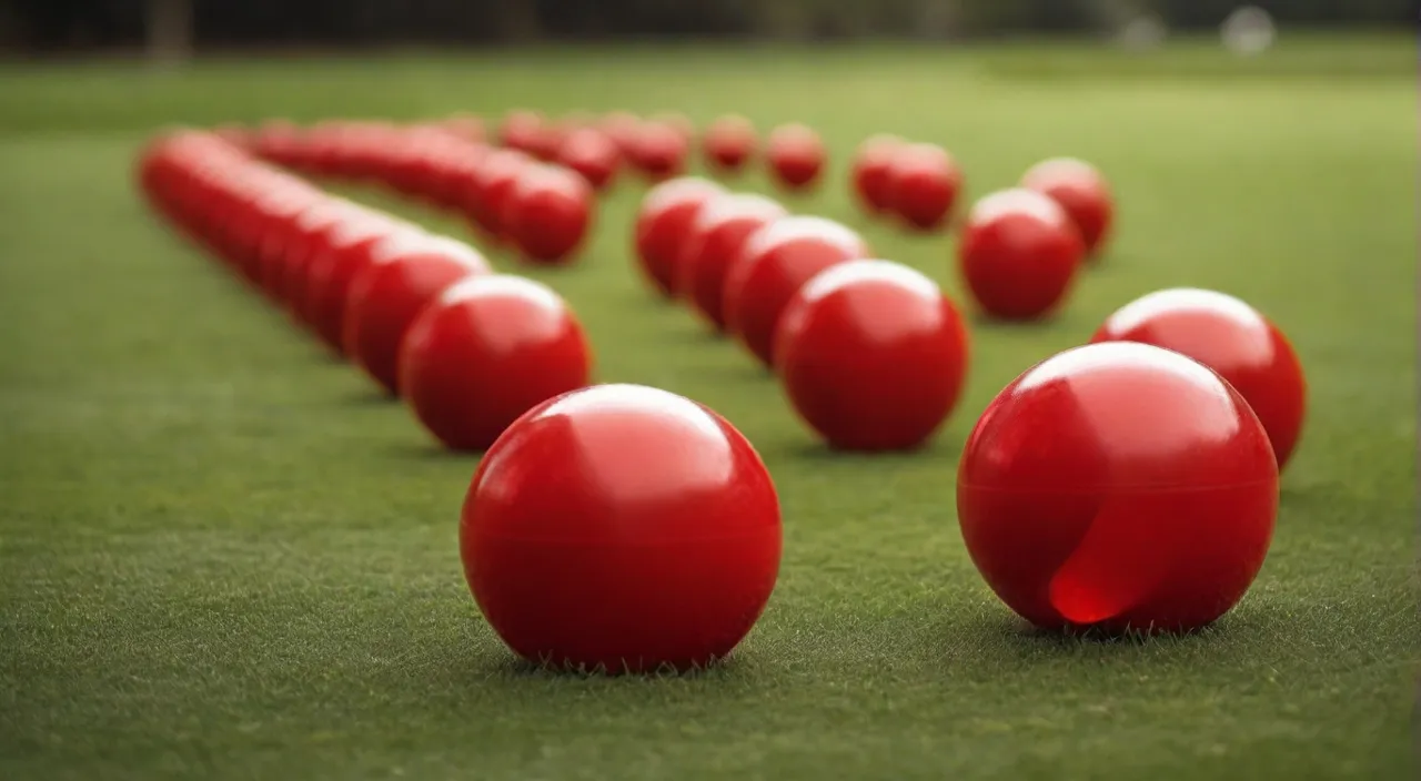 a row of red balls sitting on top of a lush green field