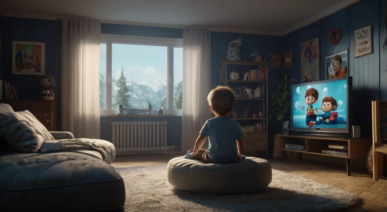 a little boy sitting on a bean bag chair in front of a tv