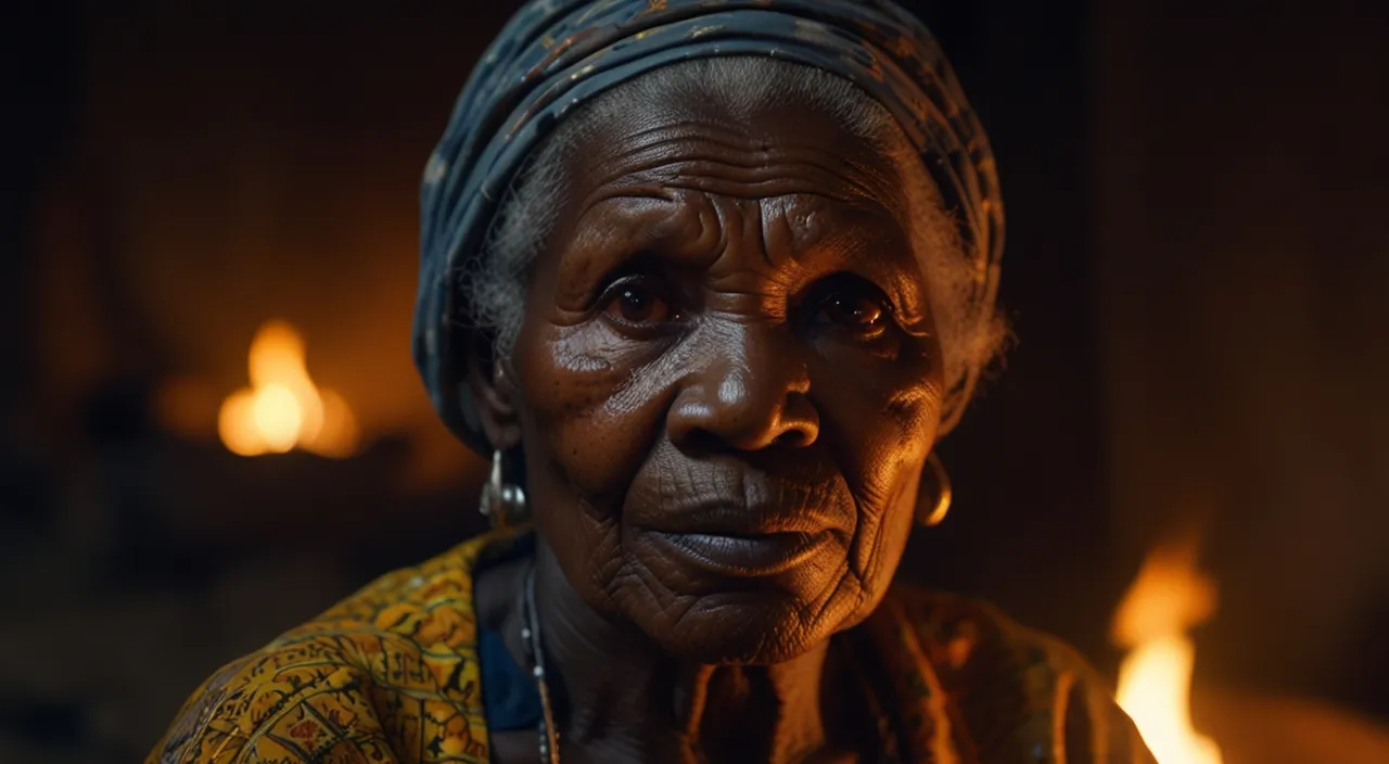 an old woman with a head scarf on in front of a fire