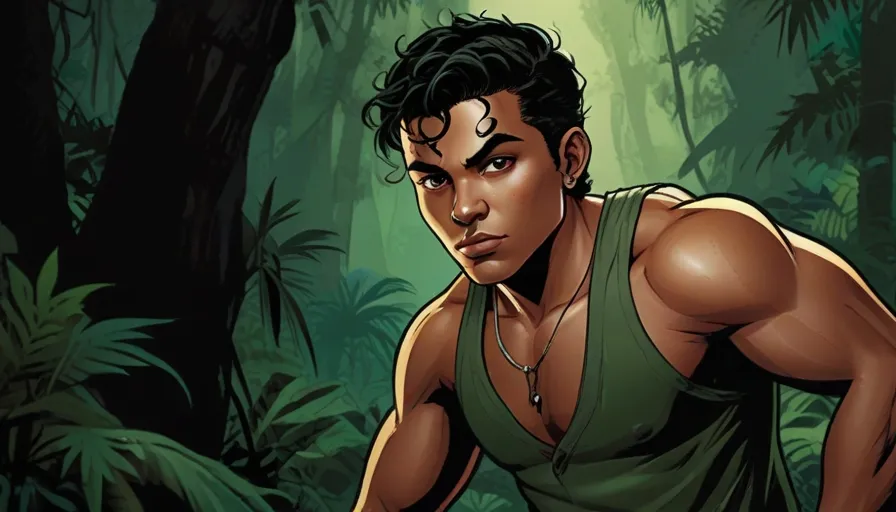 a man in a green tank top in a jungle