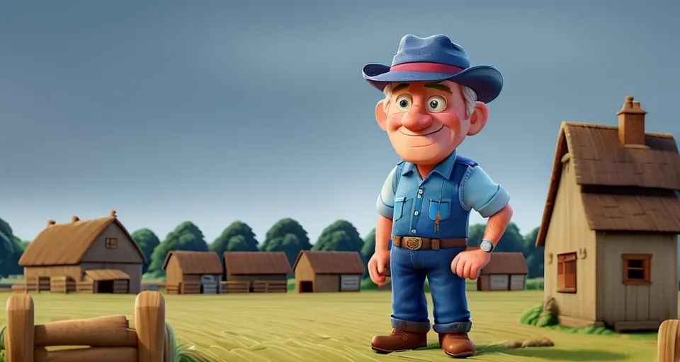 a cartoon character standing in front of a farm