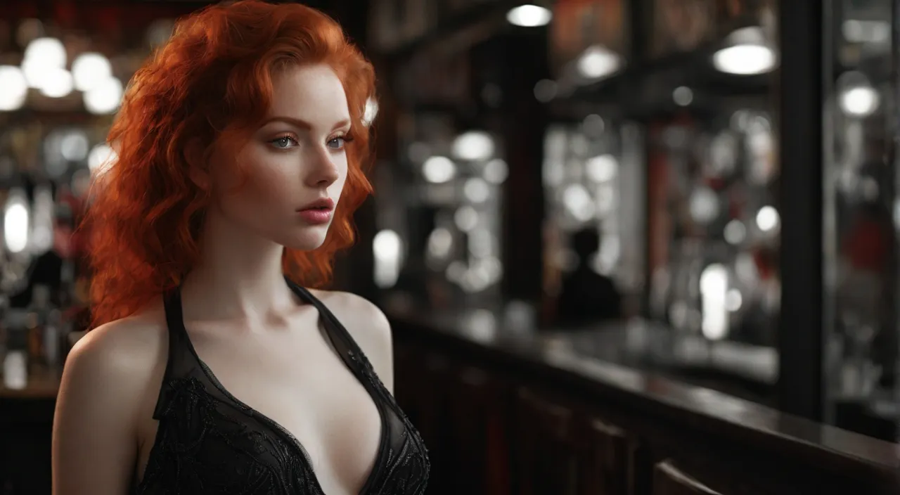 a woman with red hair standing in front of a bar