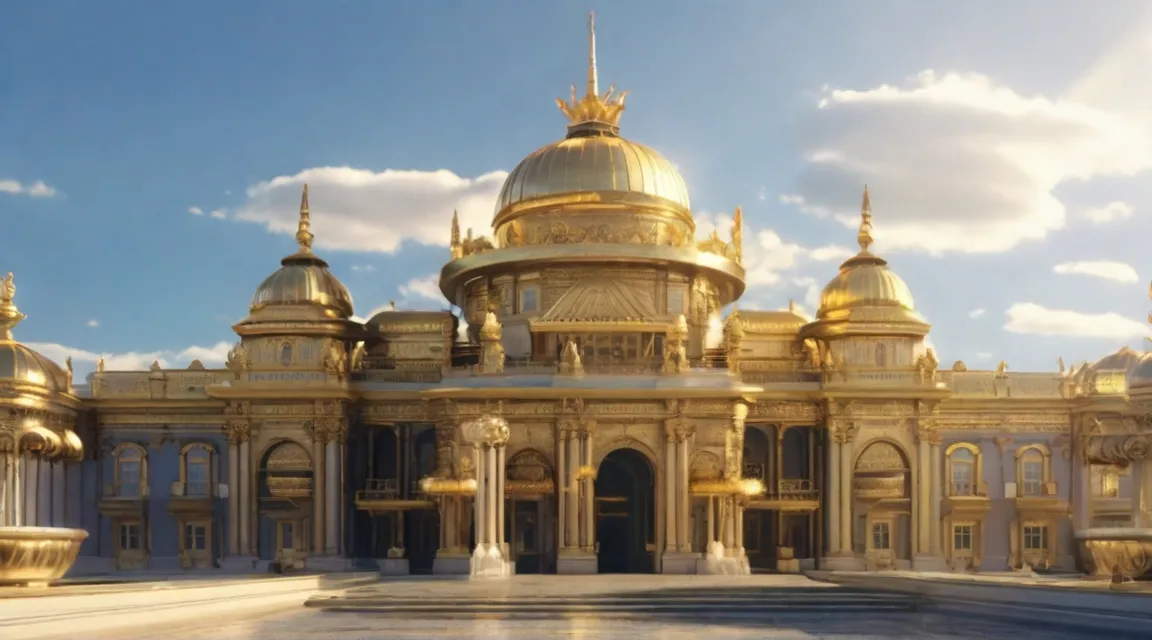 a golden building with a fountain in front of it