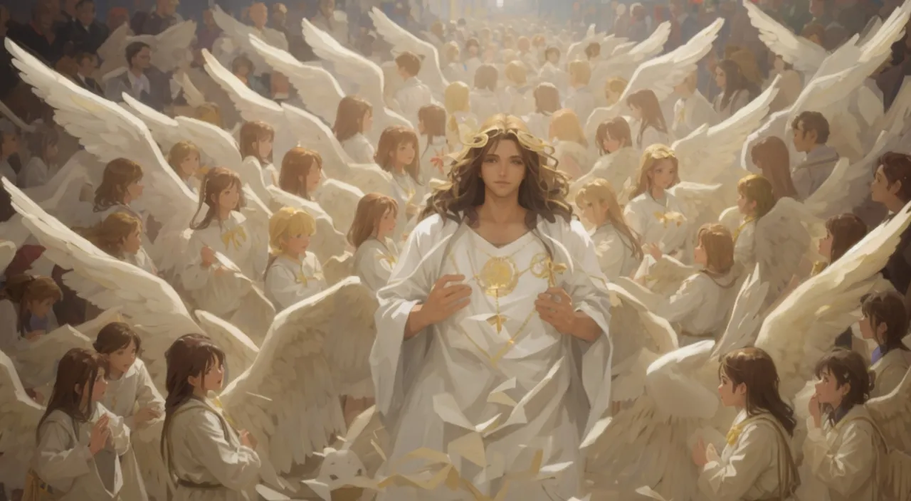 a painting of a woman surrounded by angels