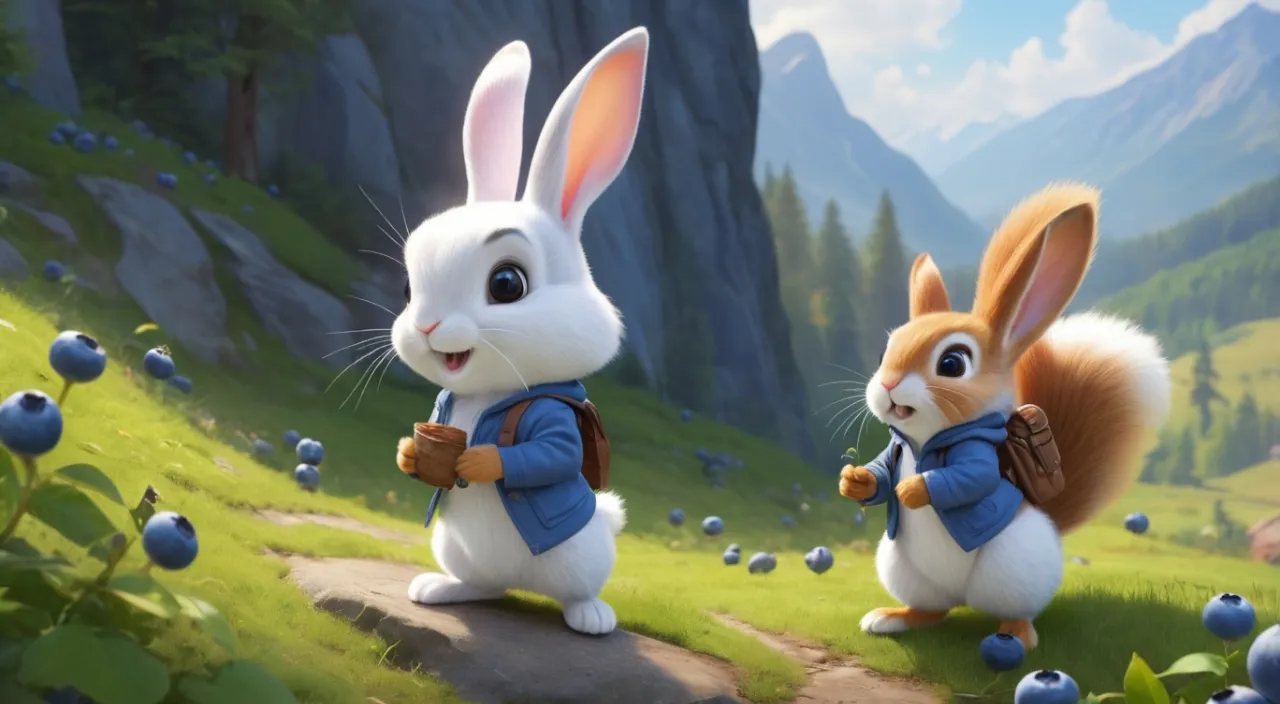 a couple of rabbits standing on top of a lush green field holding blueberries in their hands