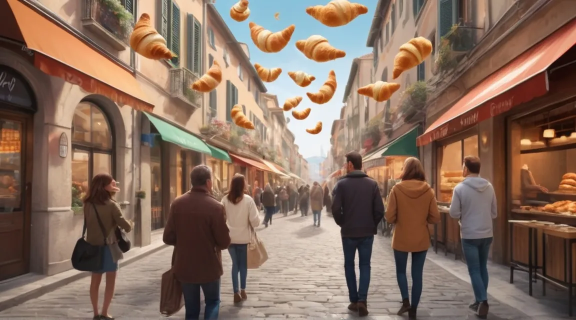 a group of people walking down a street ,seeing flying croissants