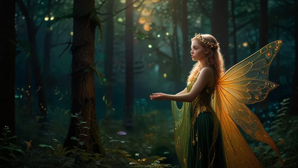 a woman dressed as a fairy standing in a forest