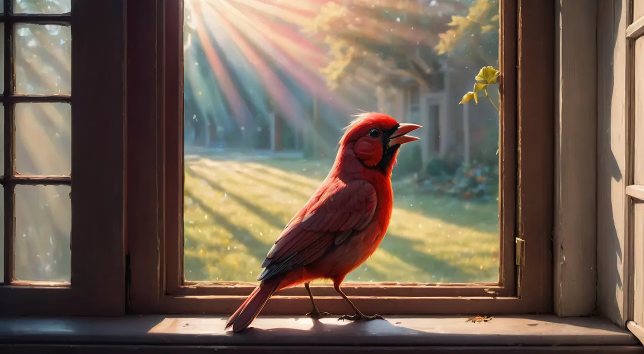 a red bird sitting on top of a window sill