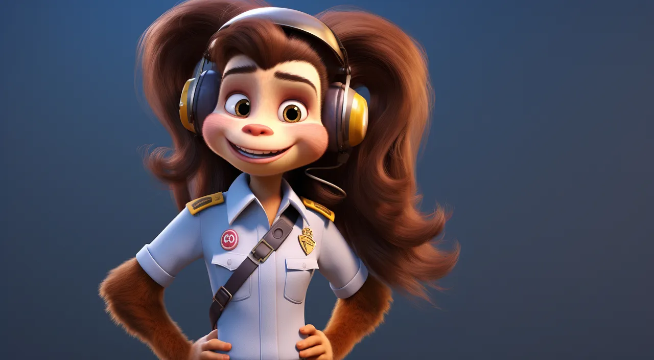 a cartoon character wearing headphones and a uniform talks