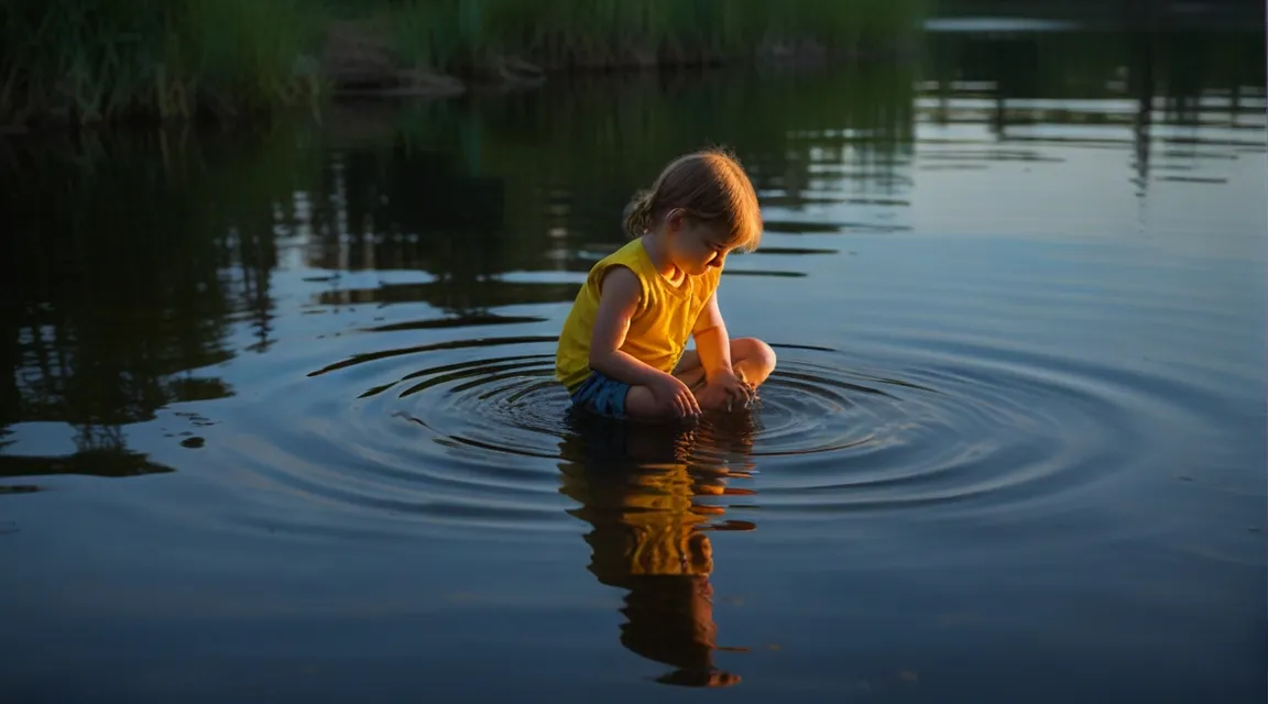 a little girl sitting in the water playing with a frisbee