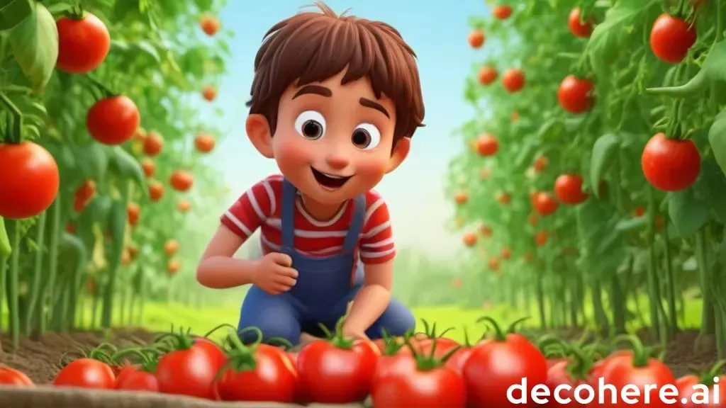 a boy kneeling down in a garden filled with tomatoes