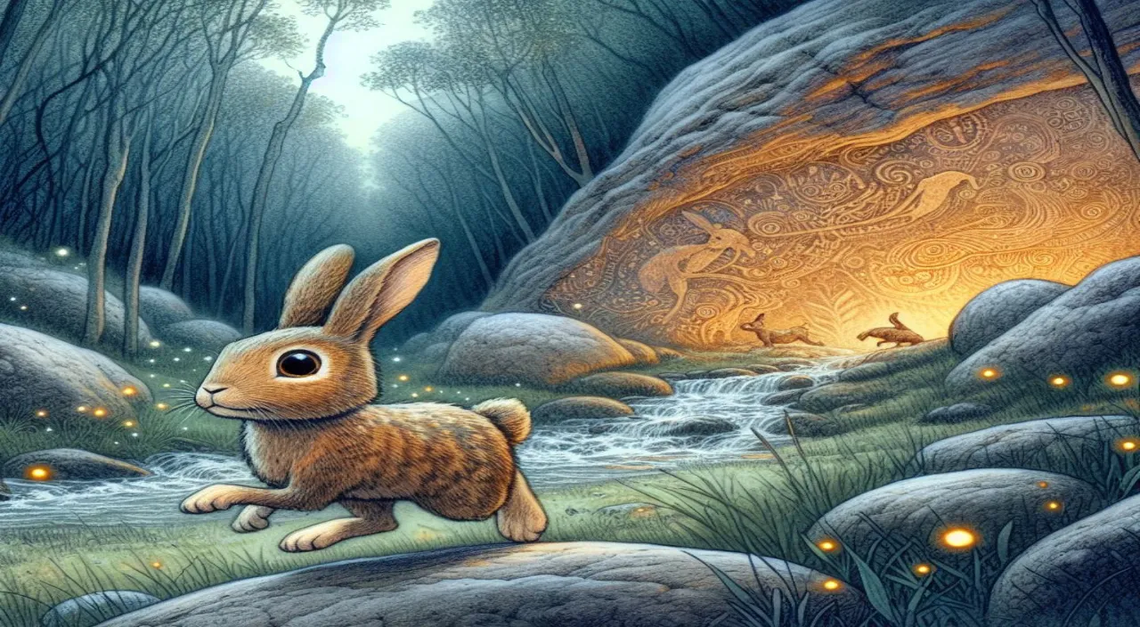 a painting of a rabbit sitting on a rock in a forest