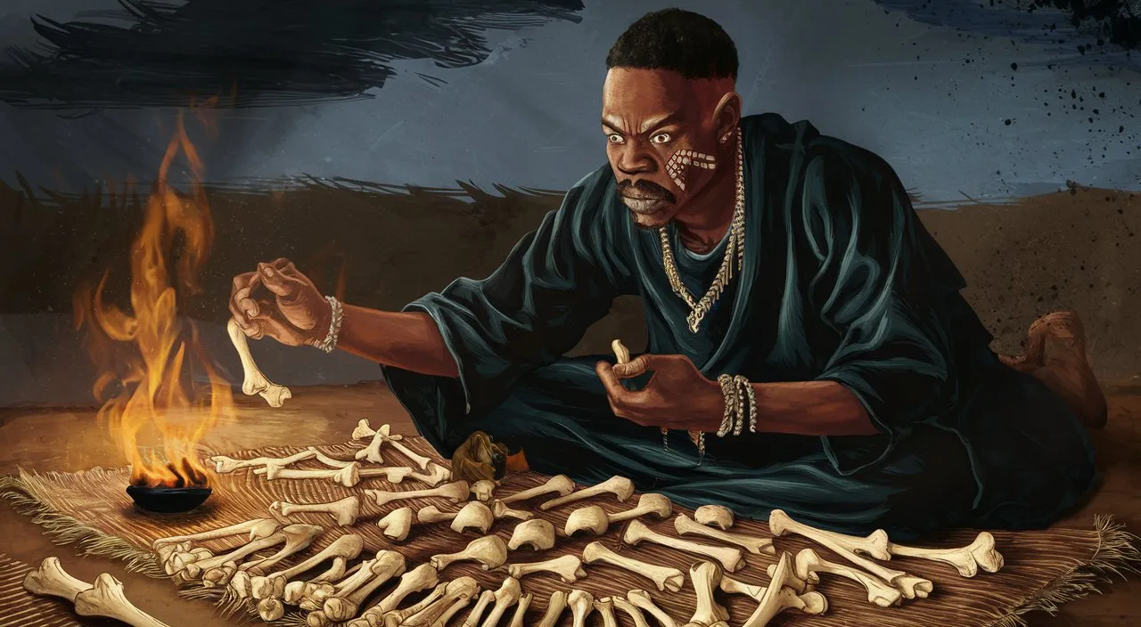 a man sitting in front of a pile of bones