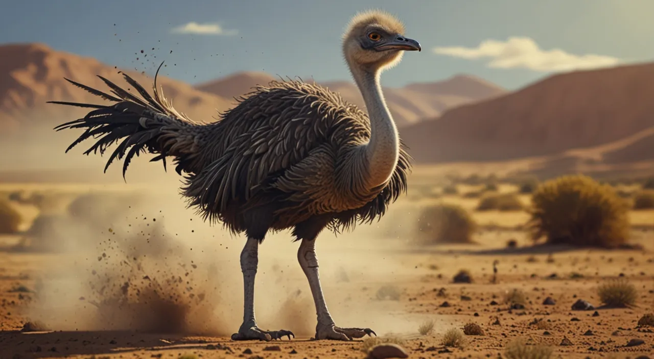 a large bird standing on top of a dirt field