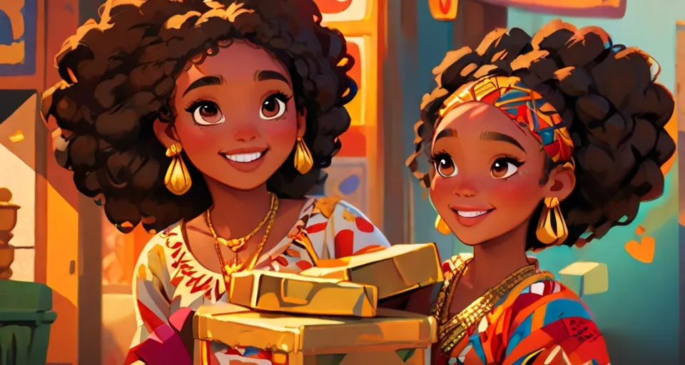 a couple of women standing next to each other happily with a box of gold bars