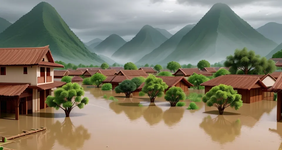 a painting of a flooded village with mountains in the background