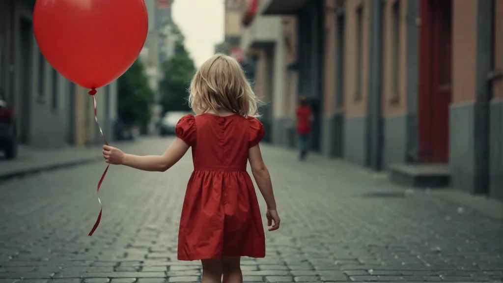 little girl in red dress walking down the street holding a red balloon