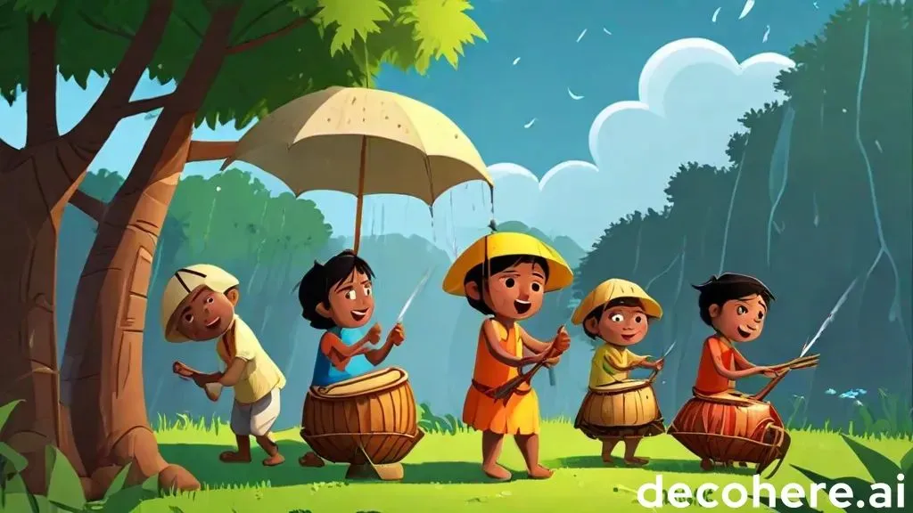 a group of children playing drums in a forest