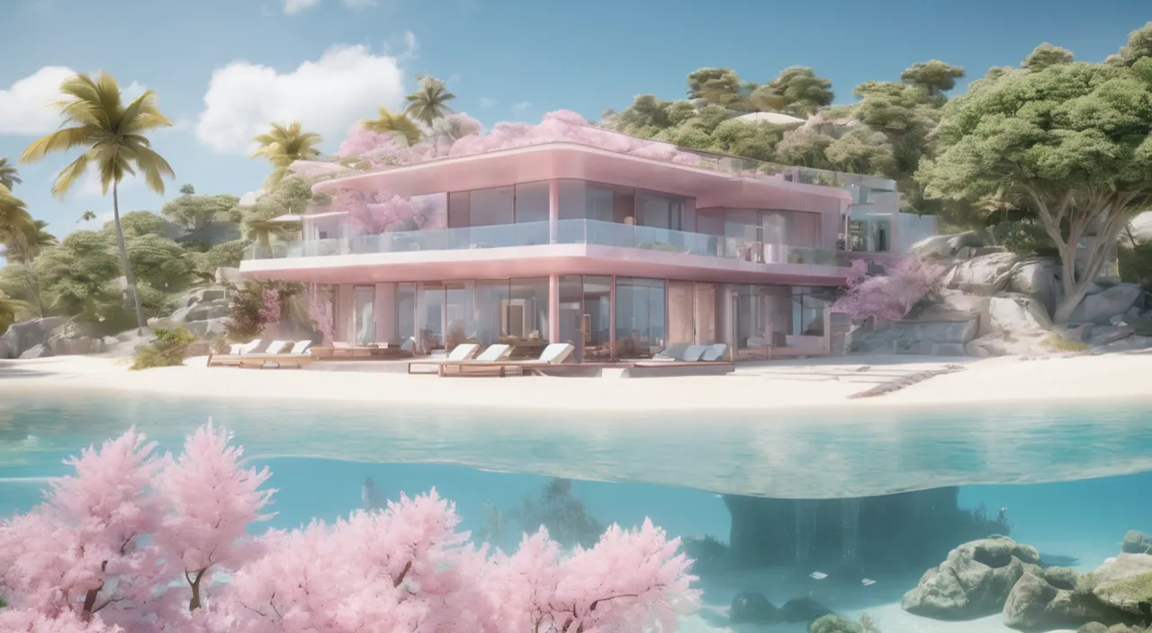 a large pink house sitting on top of a sandy beach