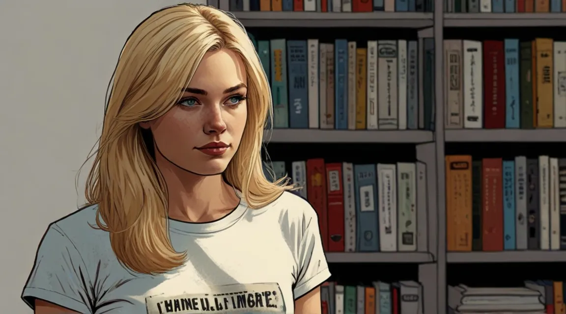 a cartoon of a blonde woman standing in front of a bookshelf