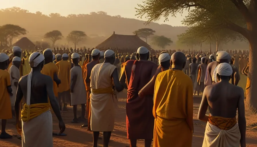 a group of people standing in front of a field