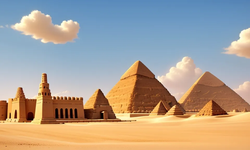 a group of pyramids in the desert with clouds in the sky