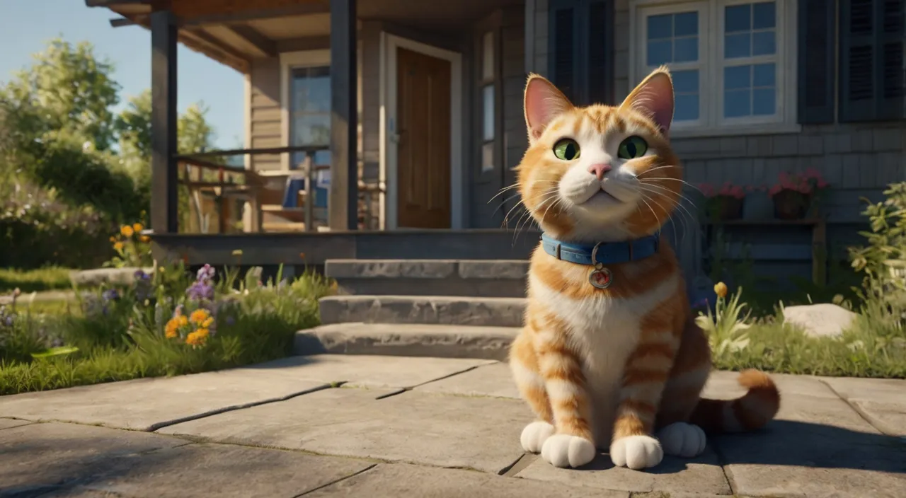 an orange and white cat sitting on top of a sidewalk