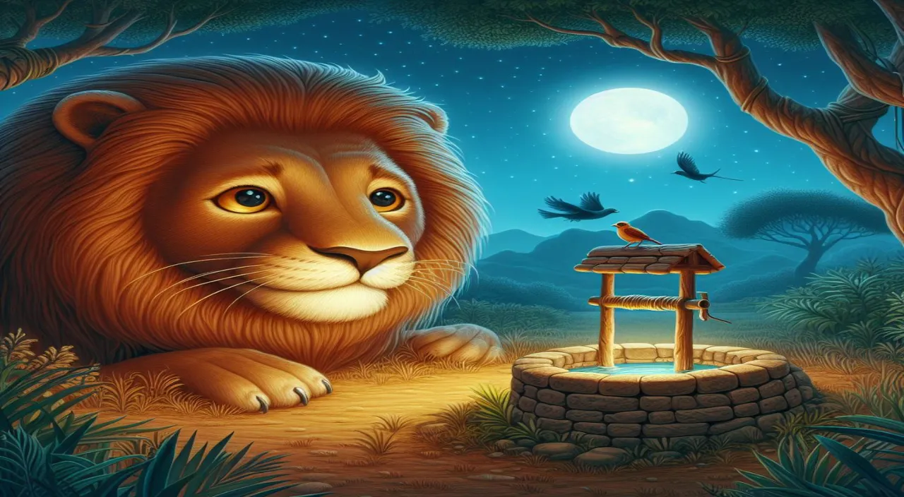 a painting of a lion and a bird in a forest