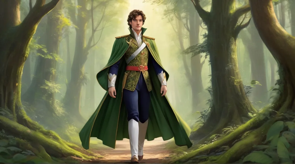 a painting of a man in a green coat walking in a forest