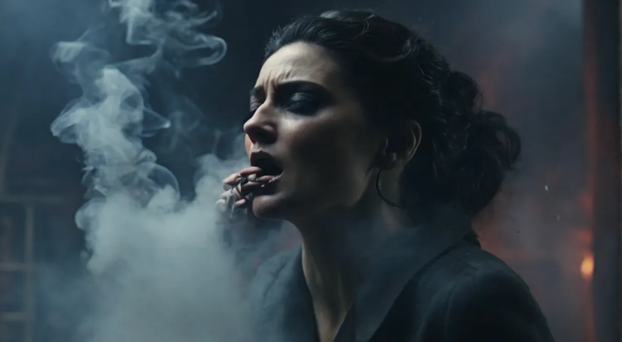 a woman with smoke coming out of her mouth