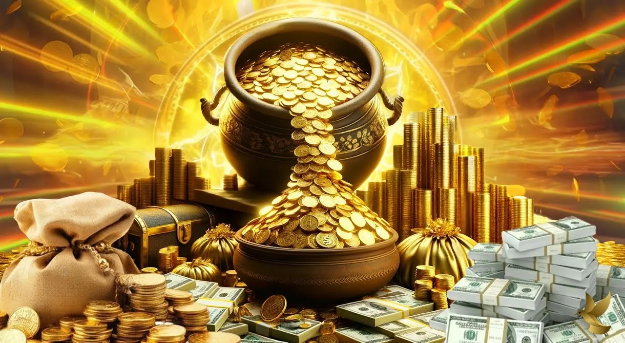 Create a money with golden background, 8k, size of 1920x1080, colorful
