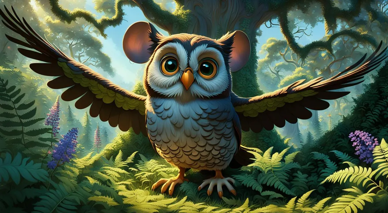 a painting of an owl in the middle of a forest