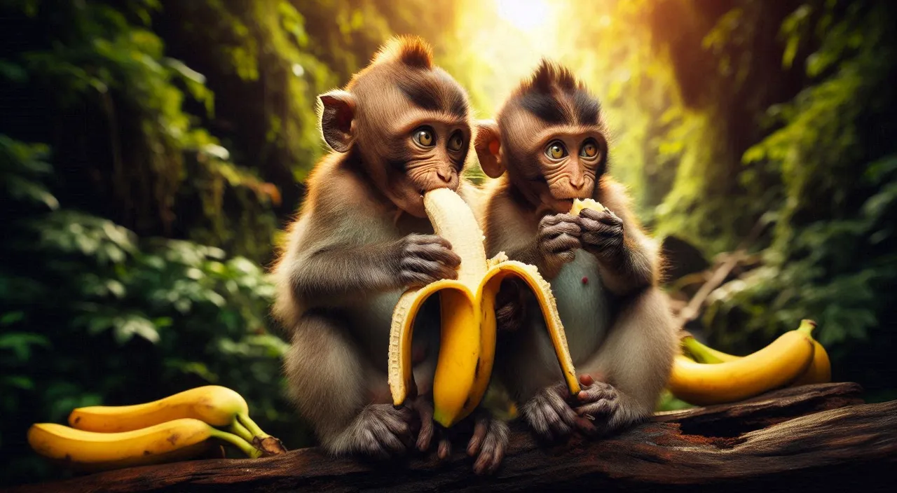 two monkeys sitting on a log eating bananas