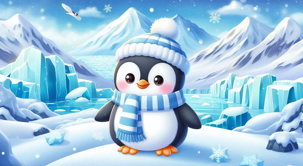 a penguin wearing a hat and scarf standing in the snow