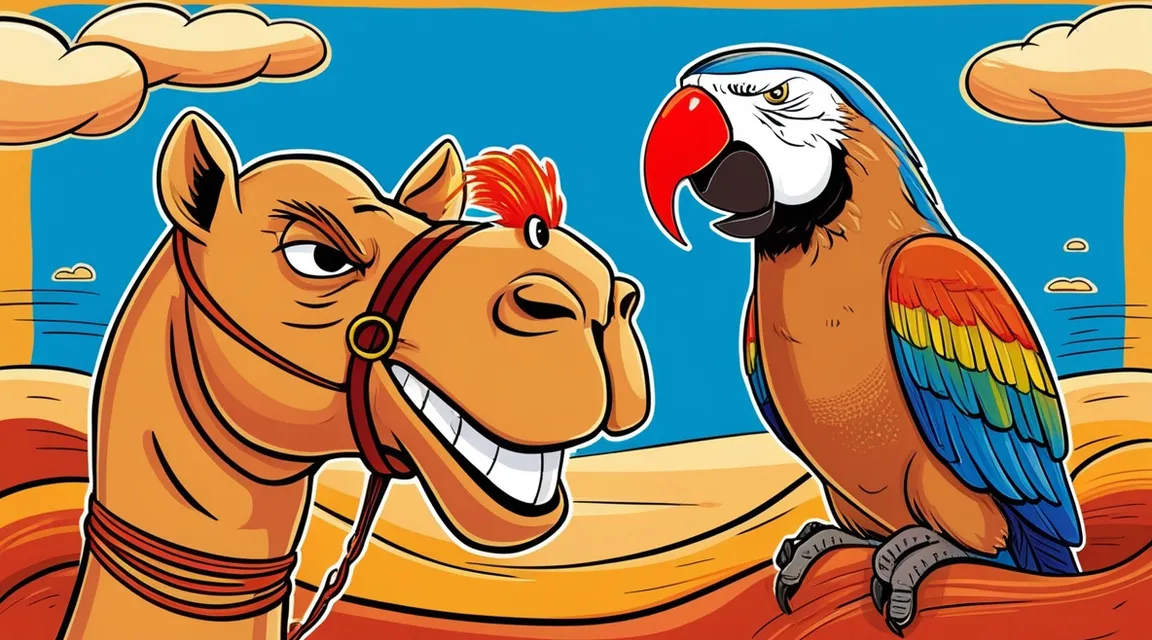 a cartoon of a camel and a parrot on a beach