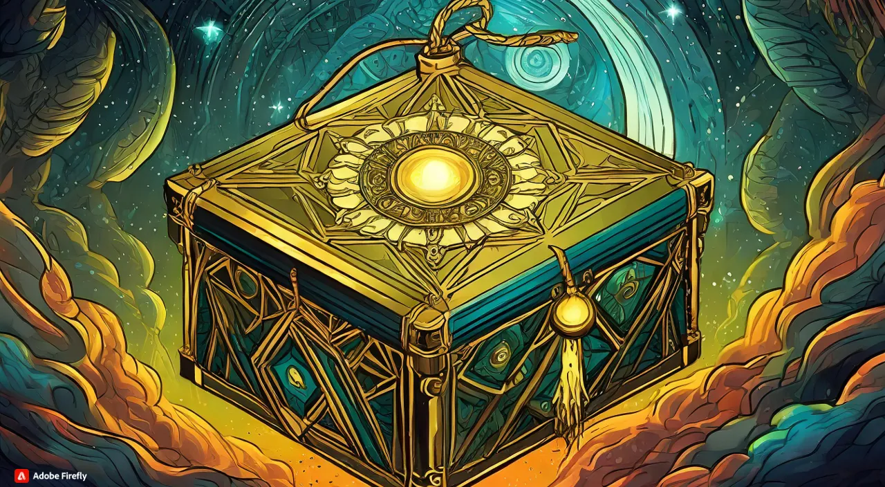 a painting of a golden cube with a star above it