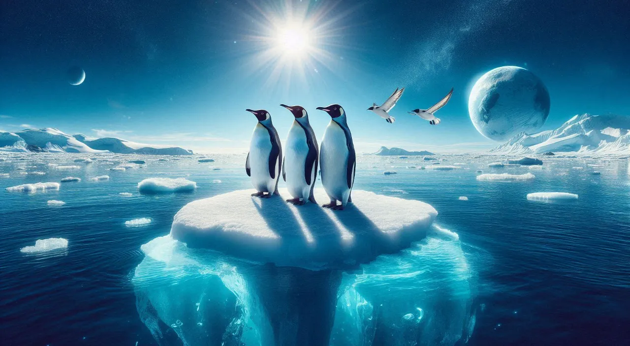 a group of penguins standing on top of an iceberg