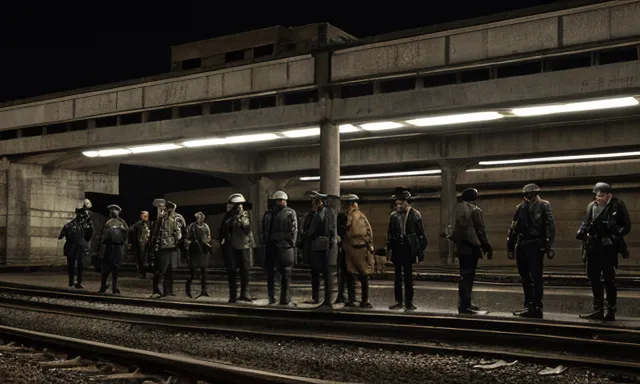 a group of men standing next to each other on train tracks