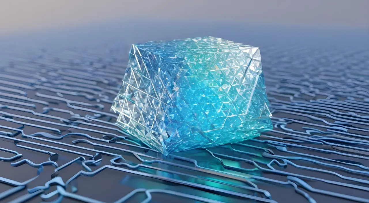 a blue cube sitting on top of a metal grid