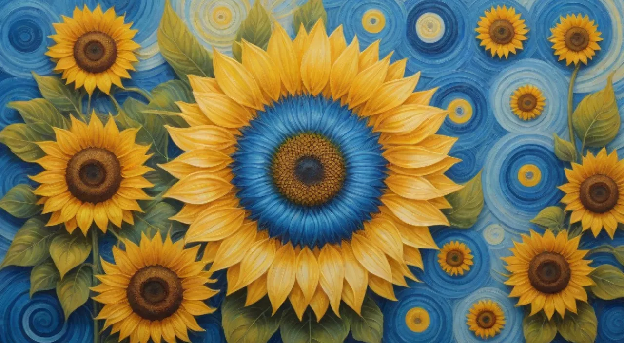 a painting of sunflowers on a blue background