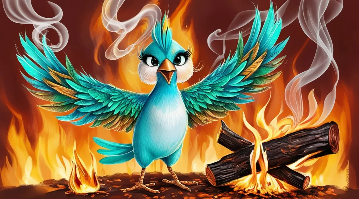 a blue bird with wings is standing in front of a fire