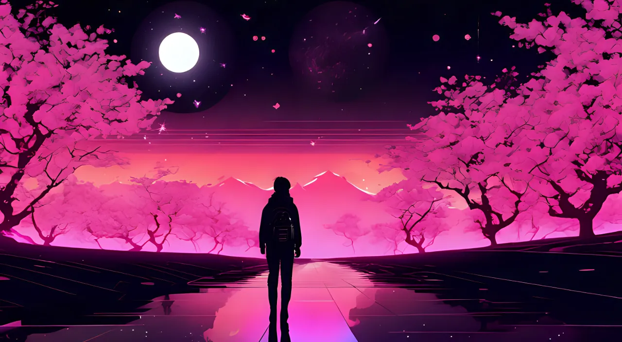 a man standing in front of a pink sunset surrounded by cherry blossom trees