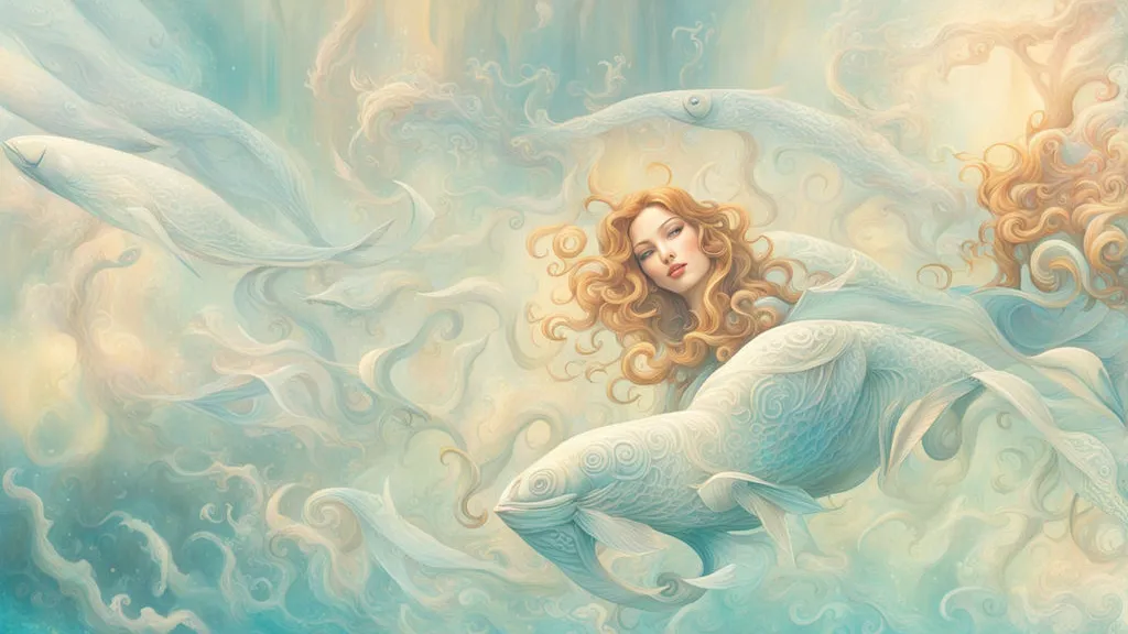 a painting of a woman floating in the ocean surrounded by dolphins