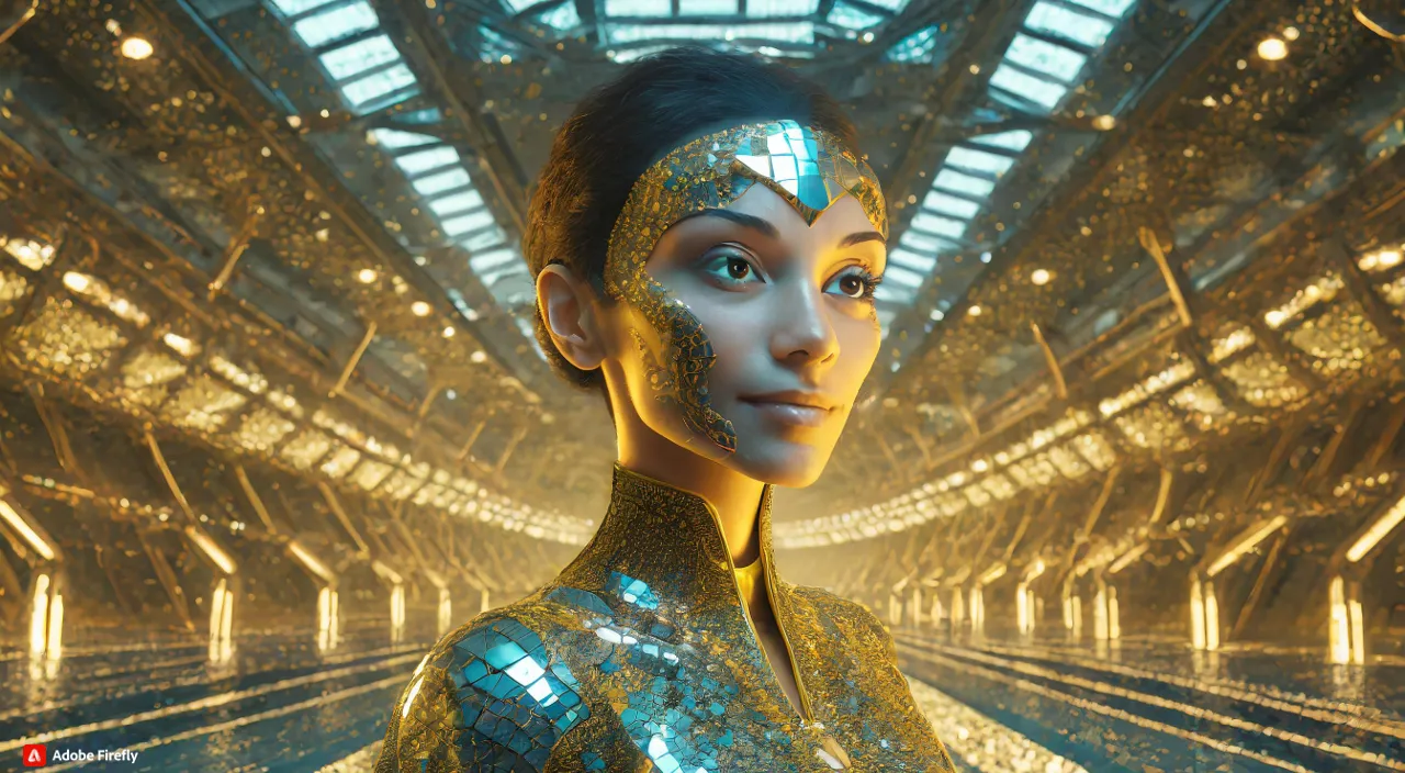 a woman in a futuristic space station with gold glitter on her face