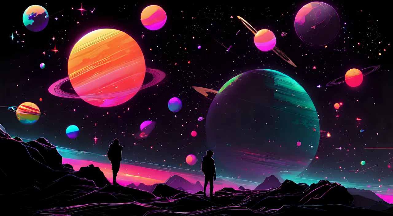 two people standing on top of a mountain with planets and stars all around