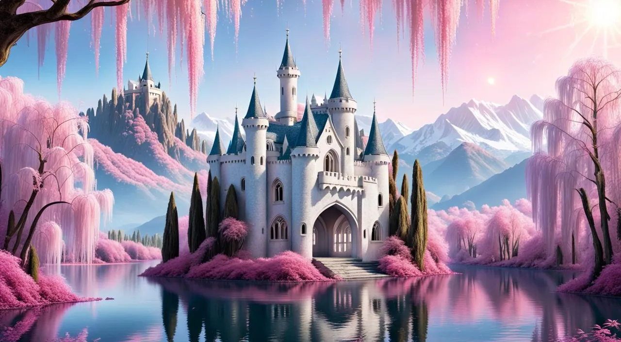 a painting of a castle in the middle of a lake