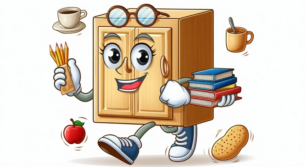 16;9 CREATE CARTOON STORY  STYLE  Mrs. Cupboard as a beautiful cupboard with eyes, hands, and legs, engaging in various activities as a lively cartoon story character: