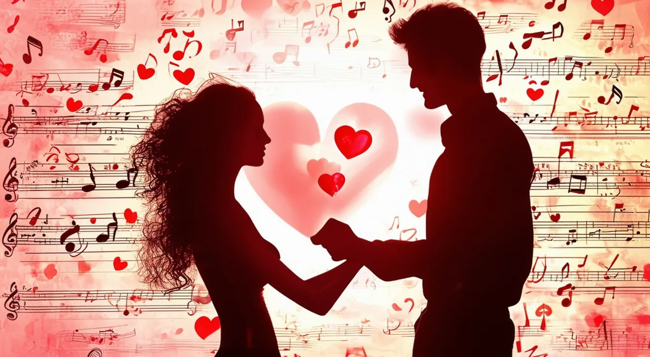 a man and a woman holding hands in front of musical notes