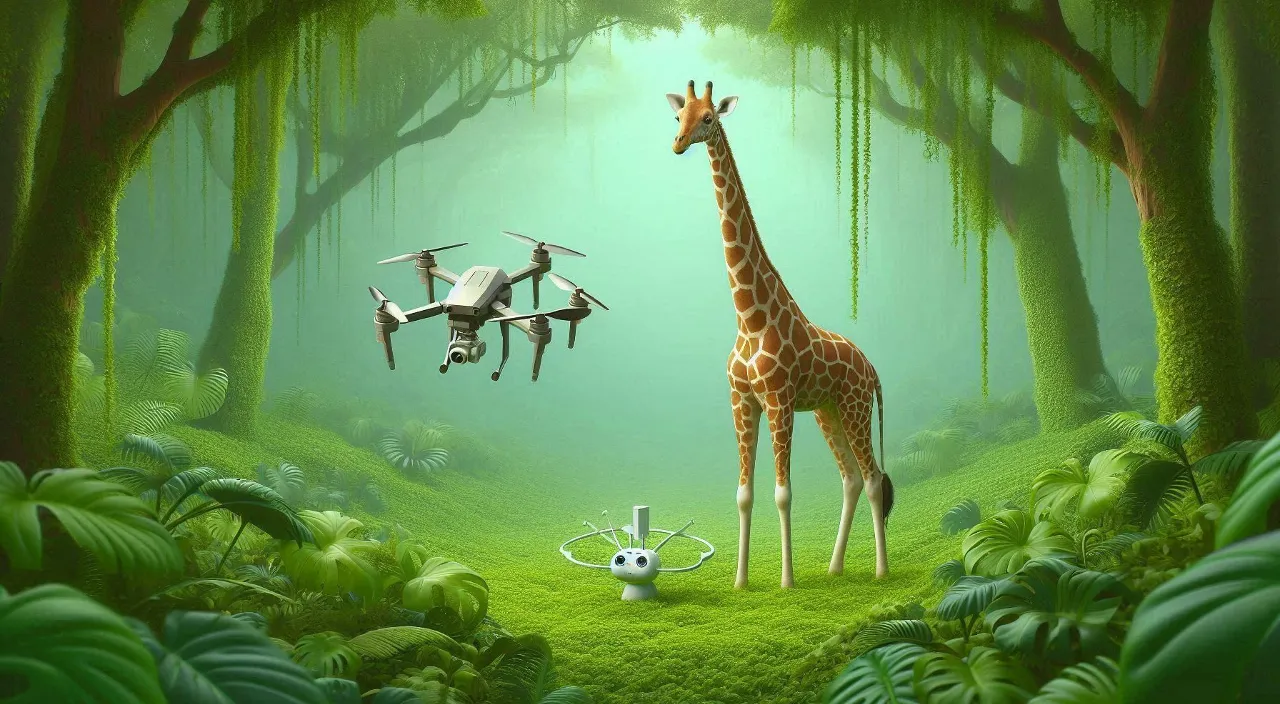 a giraffe standing in the middle of a lush green forest